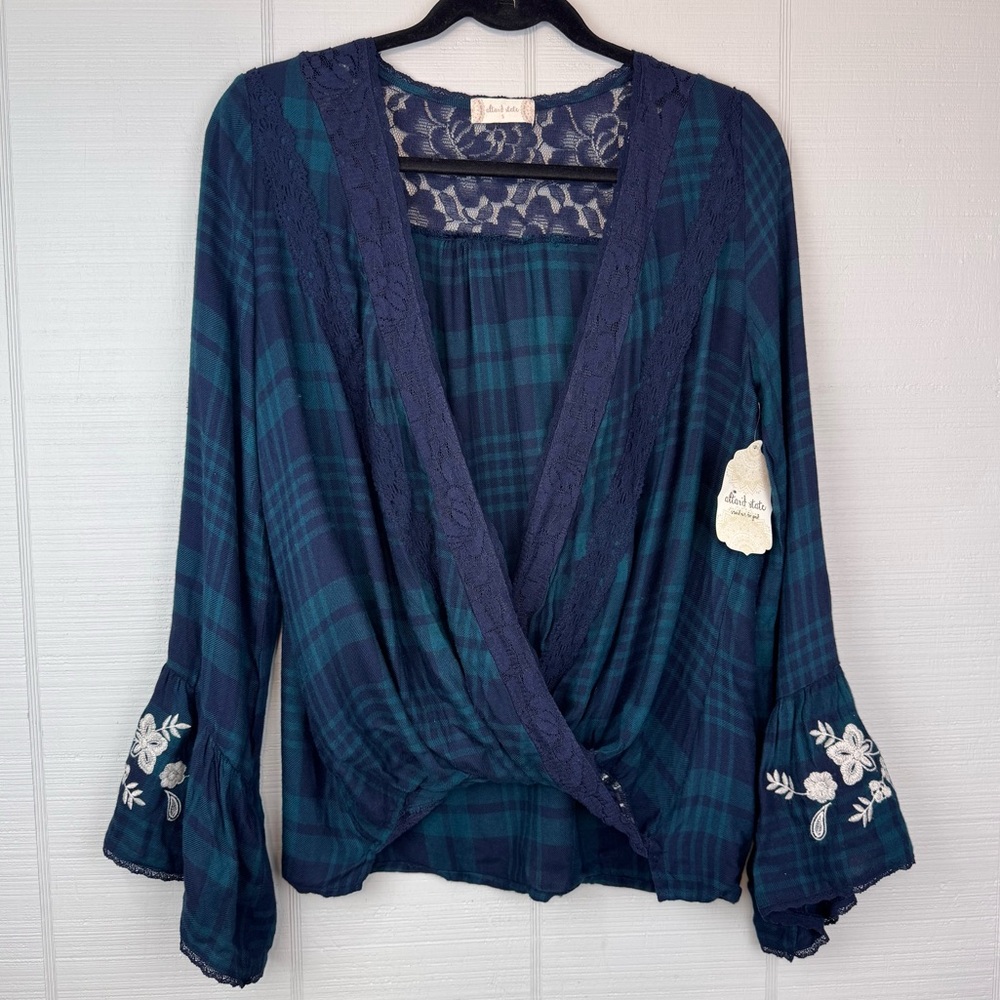 NWT Altar’d State Plaid Lace Boho Wrap Front Top Embroidered Floral Bell Sleeves